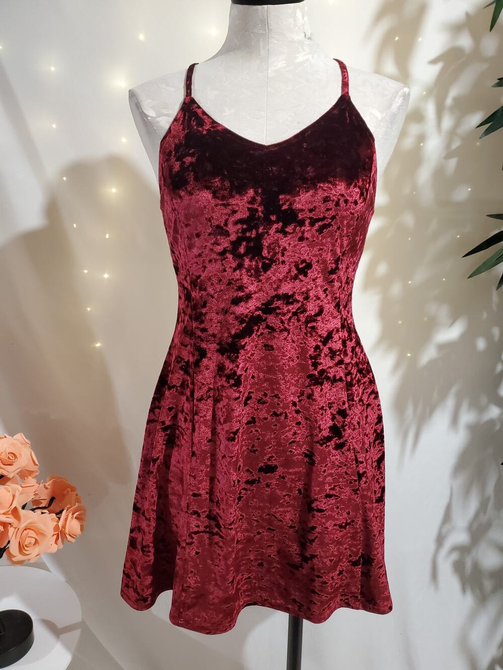 Vtg Arizona Crushed Velvet Strappy Mini Skater Dress M Red Grunge Vamp Party Y2K